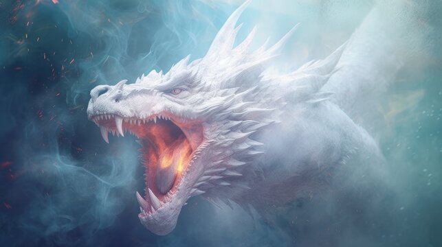 White dragon with his mouth open with fire glowing from inside his throat. Generative AI.