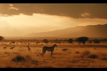 Fototapeta na wymiar sunset in the savannah made with generative ai