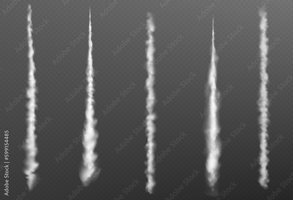 Poster plain smoke trail effect. jet vector white contrail line on transparent background. 3d airplane flig