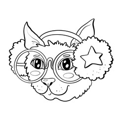contour line illustration cartoon style graffiti cat with glasses and headphones music character coloring book template print postcard sticker and media