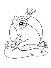 contour line illustration cartoon style funny animal frog wearing crown sitting character coloring book template print postcard sticker and media
