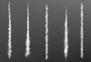 Plain smoke trail effect. Jet vector white contrail line on transparent background. 3d airplane flight speed vapor steam. Realistic aircraft tail flow motion texture. Gas burst curve path trace - obrazy, fototapety, plakaty