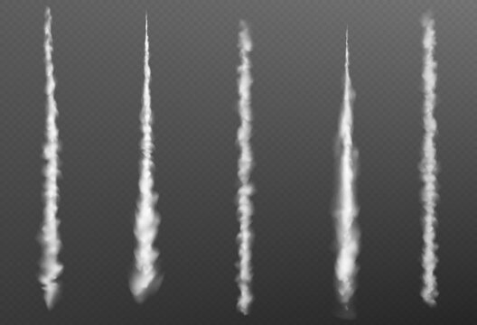 Plain smoke trail effect. Jet vector white contrail line on transparent background. 3d airplane flight speed vapor steam. Realistic aircraft tail flow motion texture. Gas burst curve path trace
