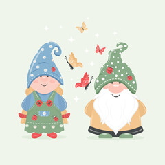 Funny dwarf elves . A kind grandfather and a sweet girl. Nature. Summer vector illustration