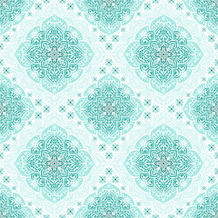 White and turquoise seamless pattern with mandala ornament. Traditional Arabic, Indian motifs. Great for fabric and textile, wallpaper, packaging or any desired idea.