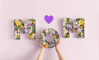 Word MOM filled of spring flowers. childs  gift for Mother's day.
