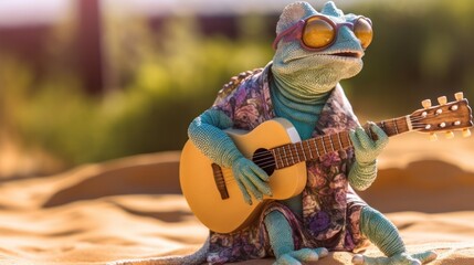 Chameleon wearing sunglasses, playing on a ukulele, comfortably perched on a sand near lake, basking in the warmth of a sunny day. Generative AI.