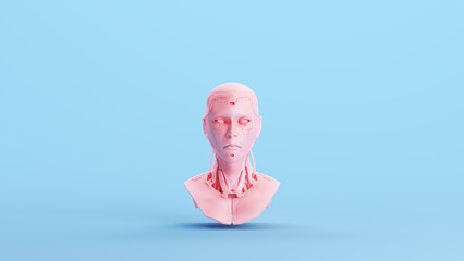 Pink Cyborg Robot Bust Artificial Intelligence Mechanical Android Futuristic Technology Cyberpunk Blue Kitsch Background 3d illustration render digital rendering