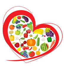 composition with a heart inside which there are fruits and vegetables