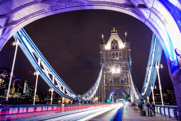Fototapeta na wymiar Beautiful night view to car lights on long exposure in Tower Bridge