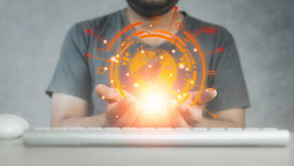 A man holding virtual world with global network connection, Big data analytics. Business intelligence and Technology connection concept.