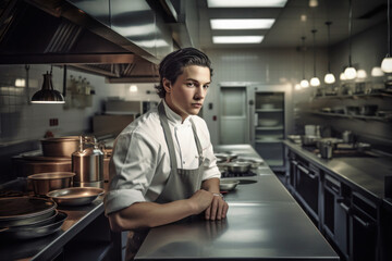 Young chef working in restaurant kitchen, Generative AI - obrazy, fototapety, plakaty