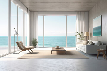 A refreshing and open room with a view of the blue sea, Generative AI