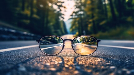 Glasses place in the middle of the road, with blur background. Generative AI.