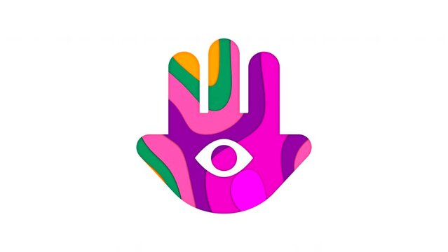 Multi-colored icon hamsa with colored spots floating inside. Looped from frame 120 to 839, Alpha BW at the end