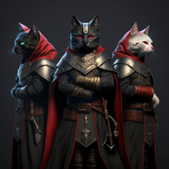 Three cat knight brothers in red cloaks and jet-black armor｜Generative AI