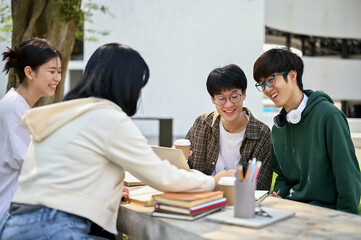 Group of cheerful Asian college students enjoy talking while tutoring math at a campus park