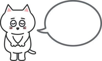 Cartoon white cat bowing to someone with a speech bubble, vector illustration.