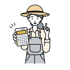立って電卓を指差してこちらに向けて見せている農家の女性