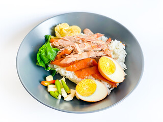 Braised pork leg with steamed rice ready to eat