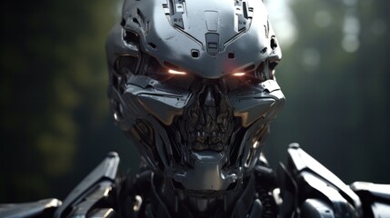 Close up mechanical robot head, matte titanium exoskeleton. Generative AI.