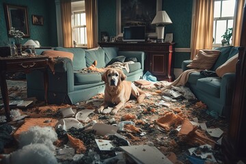 A playful dog made a mess in the house. Generative AI