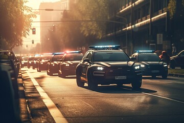 A detachment of police cars rides through the streets of the city. Generative AI