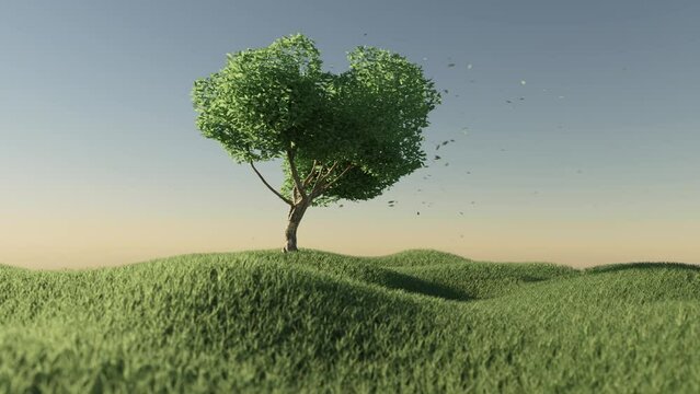 Healthy tree on grass field at windy day 3d render