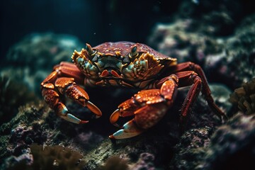 Cute crab in the depths of the ocean. Generative AI