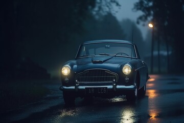 Fototapeta na wymiar Vintage mobile on a night rainy road. Generative AI
