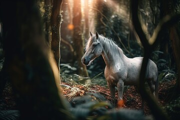 Obraz na płótnie Canvas White beautiful horse in a fantastic forest. Generative AI