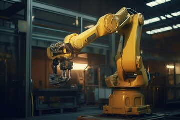 Yellow automatic robotic arm in smart factory industry. Industry 4.0. Generative AI