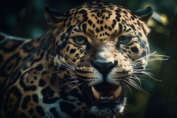 Jaguar with open mouth and fangs. Generative AI