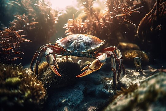 Crab in the underwater world. Generative AI