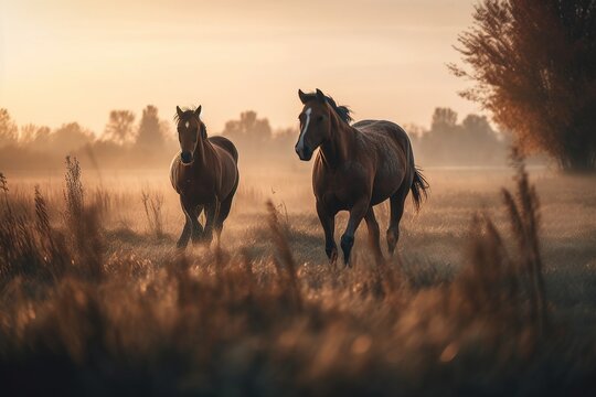 Two horses run across the field at sunset. Generative AI