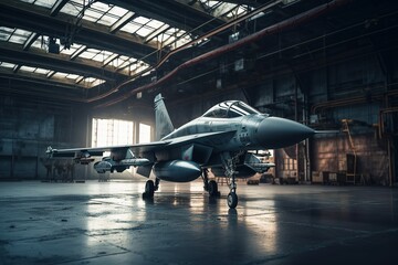 A military fighter jet is parked in an armed forces hangar. Generative AI