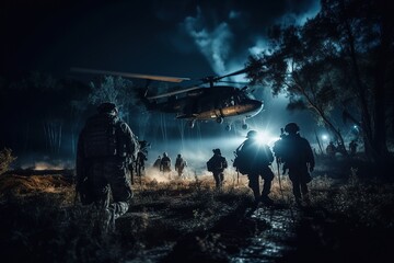The military jump from a helicopter at night. Generative AI