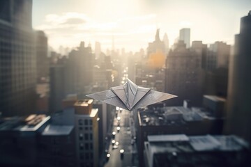 A paper airplane flies through large houses. Generative AI