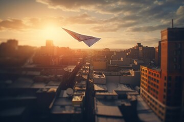 Paper airplane. Origami. In the city. Generative AI