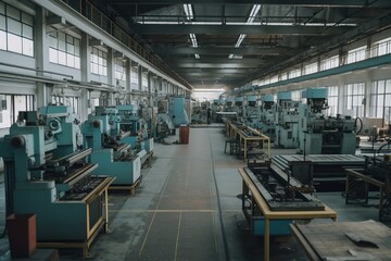 Work shop. Factory mechanized assembly line. Generative AI