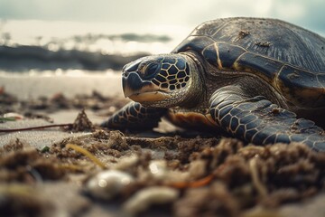 Turtle on the beach. Rubbish everywhere. Generative AI