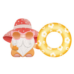 Yellow watercolor Summer gnome and swimming ring.

