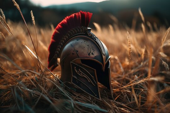 Warrior's helmet in the field after the battle. Generative AI