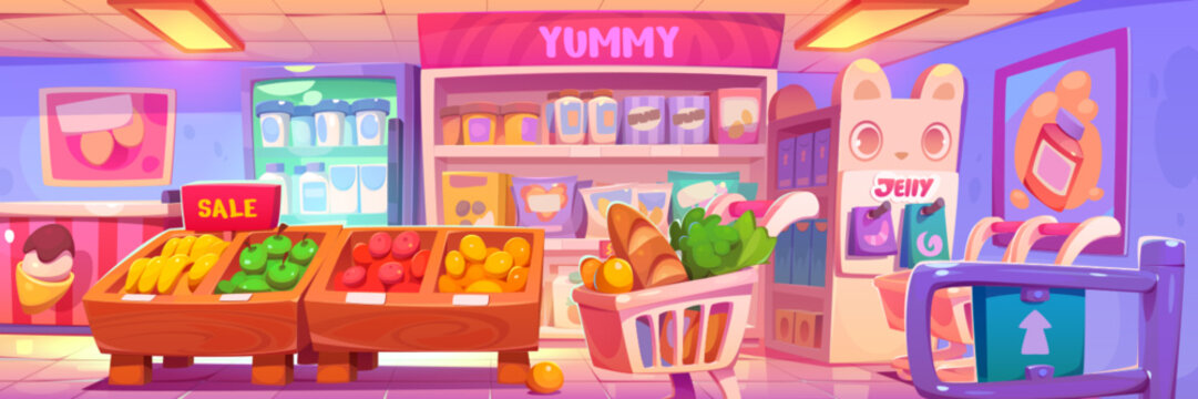 Cute kawaii grocery store interior vector background. Cartoon yummy retail supermarket with food on shelf and product display on rack with face. Full refrigerator with milk bottle and fruit on sale.