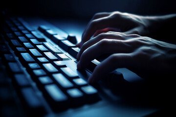 Illustration of a human hand using comoputer keyboard. Generative AI