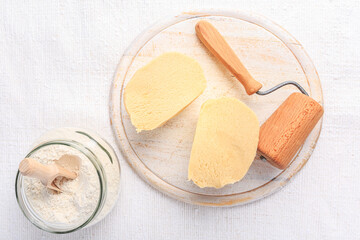 Raw shortcrust pastry , fresh prepared dough with flour