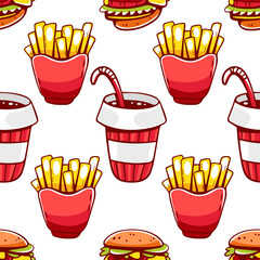 Vector pattern on the theme of french fries, drink and hamburgers in cartoon style.