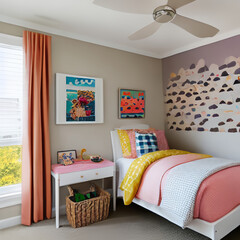 Beautiful kids bedroom with wall art- AI Generated