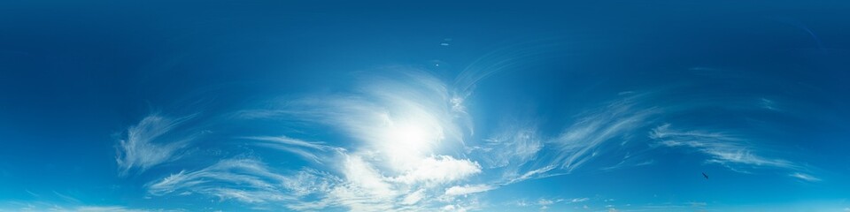 Sunset sky panorama with bright glowing pink Cirrus clouds. HDR 360 seamless spherical panorama. Full zenith or sky dome for 3D visualization, sky replacement for aerial drone panoramas.