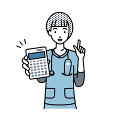 立って電卓を持ってこちらに向けて見せている看護師の女性